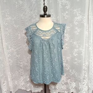 Rewind - Lace Front Smock Top With Short Flutter Cap Sleeves
